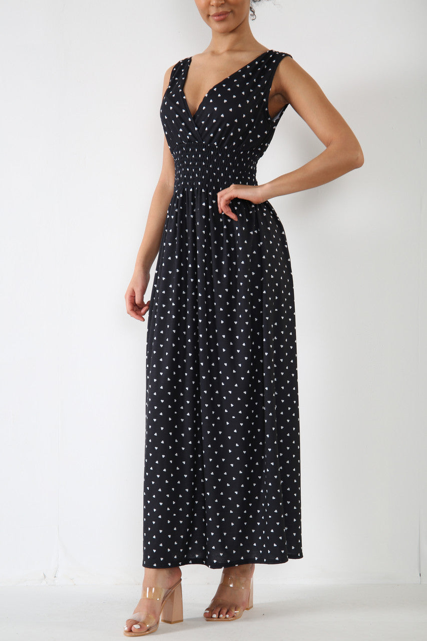 Ladies Heart Print Elasticated Waist Maxi Dress Black