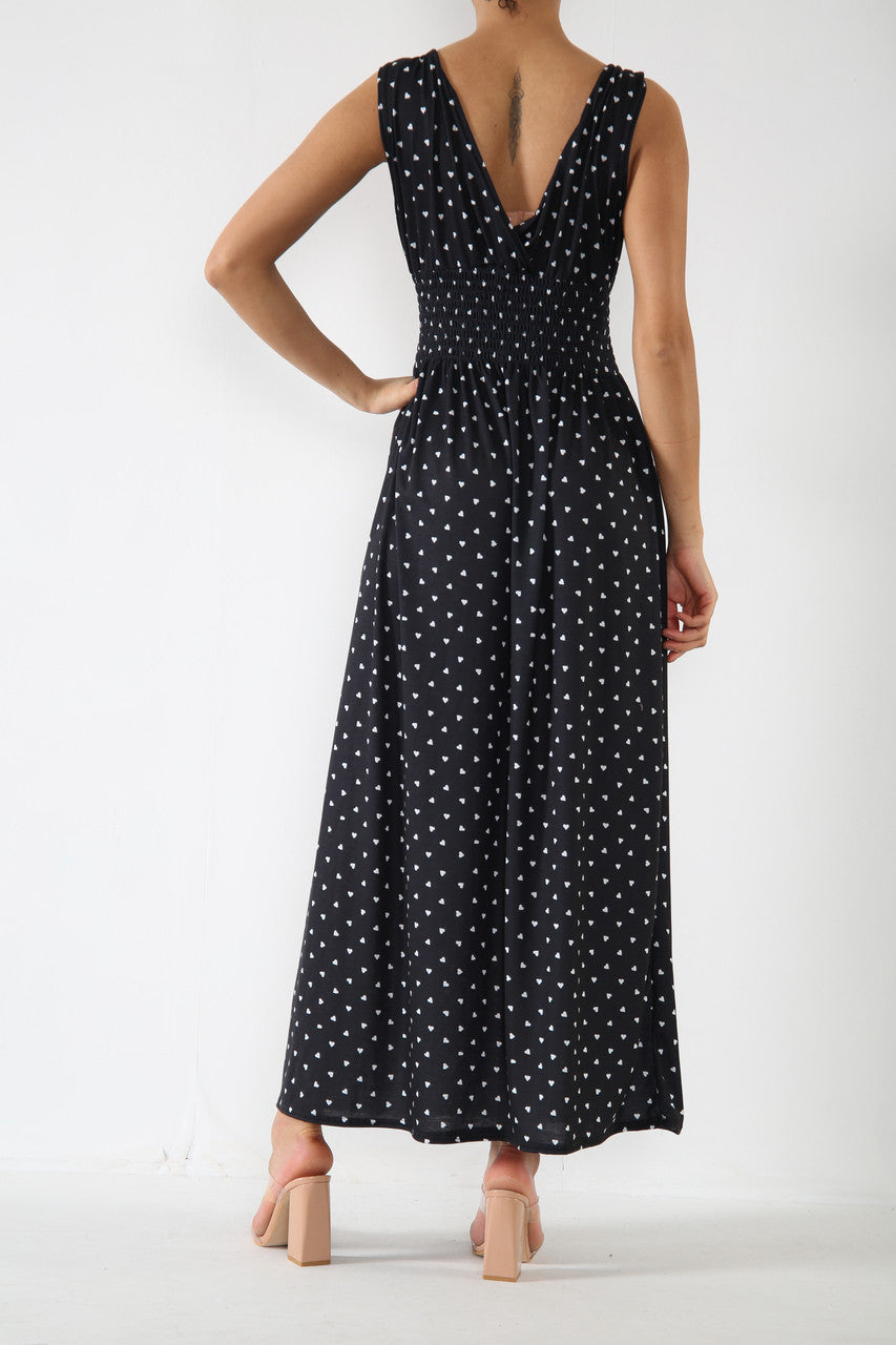 Ladies Heart Print Elasticated Waist Maxi Dress Black