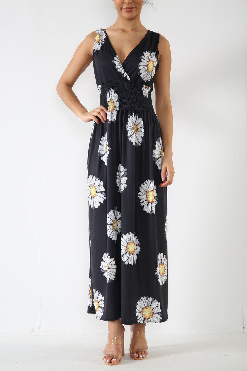 Ladies Daisy Print Elasticated Waist Maxi Dress Black