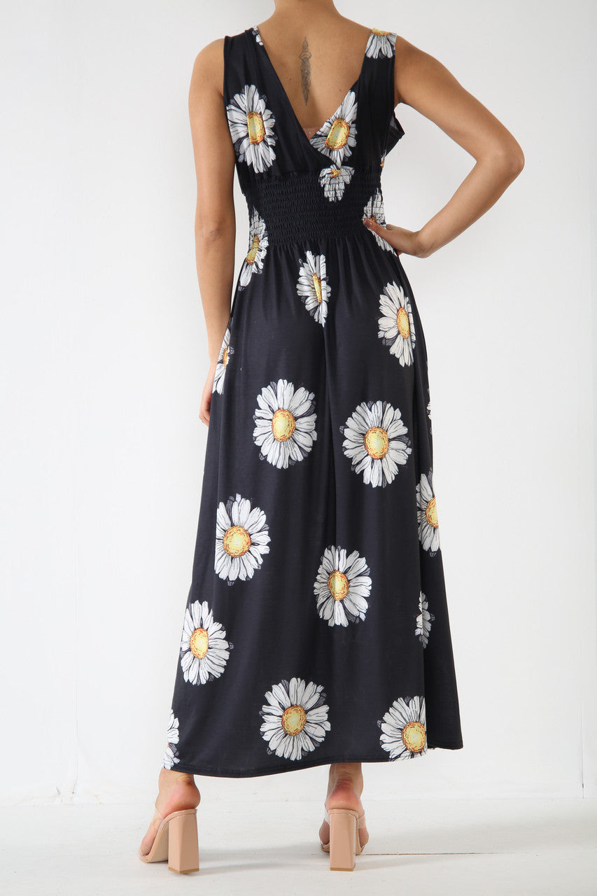 Ladies Daisy Print Elasticated Waist Maxi Dress Black