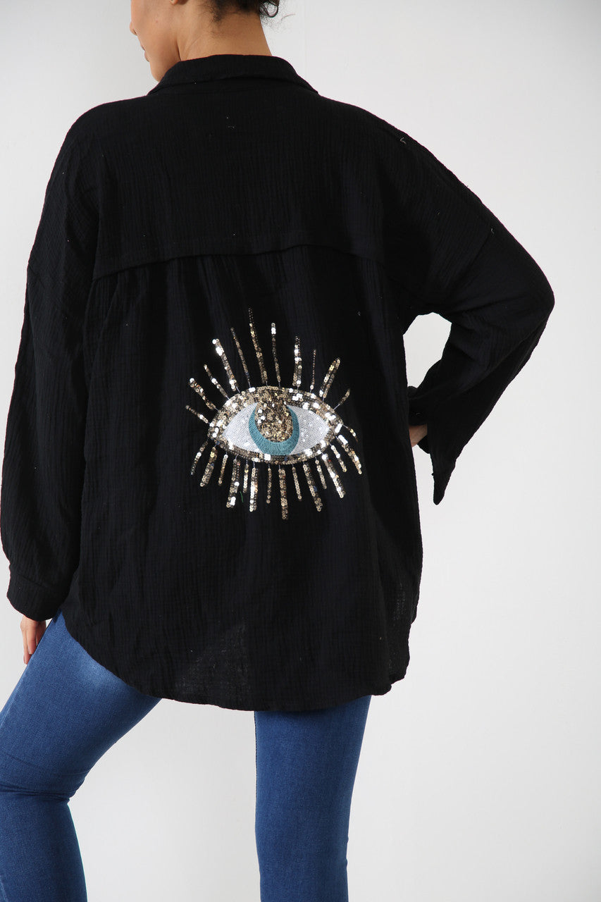 Ladies Shirt With Sequin Eye Back Detail Black