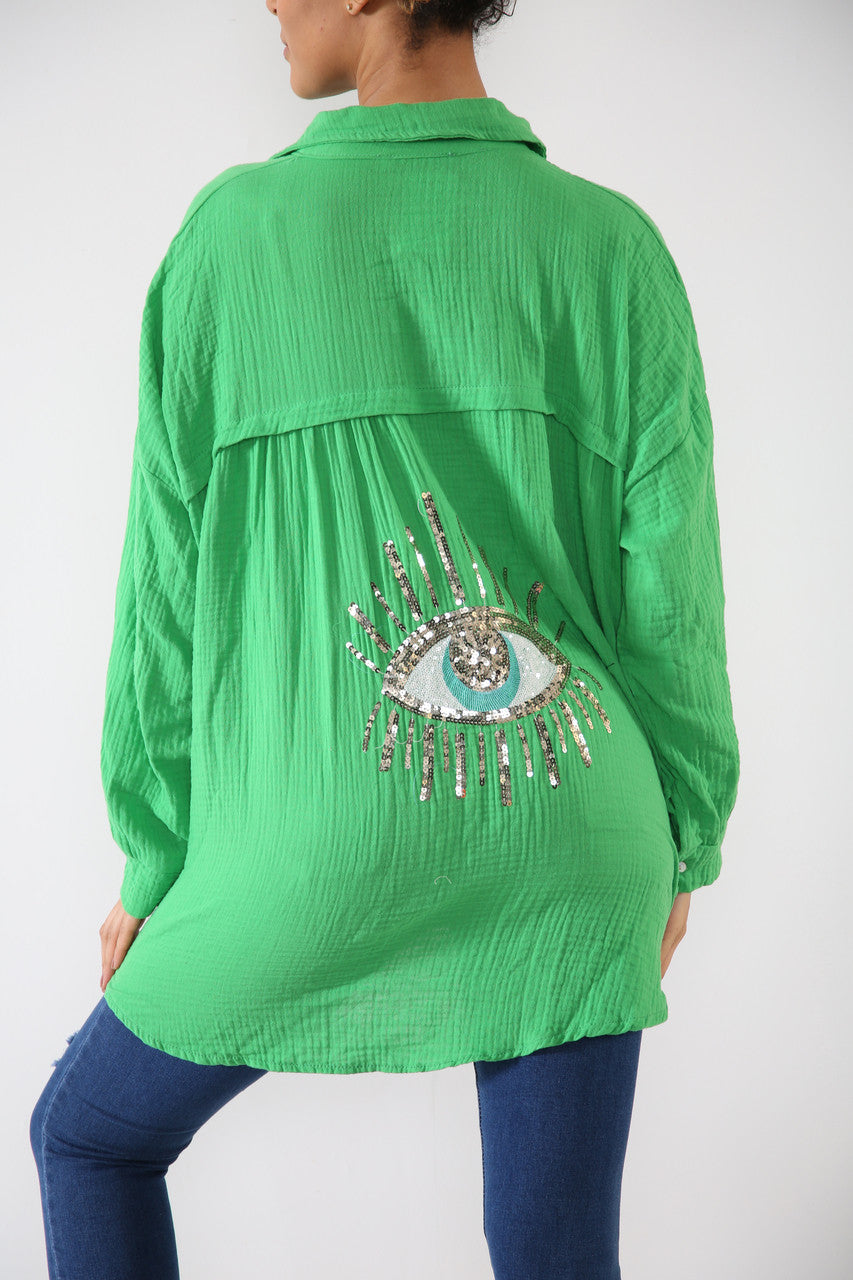 Ladies Shirt With Sequin Eye Back Detail Green