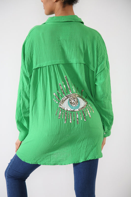 Ladies Shirt With Sequin Eye Back Detail Green