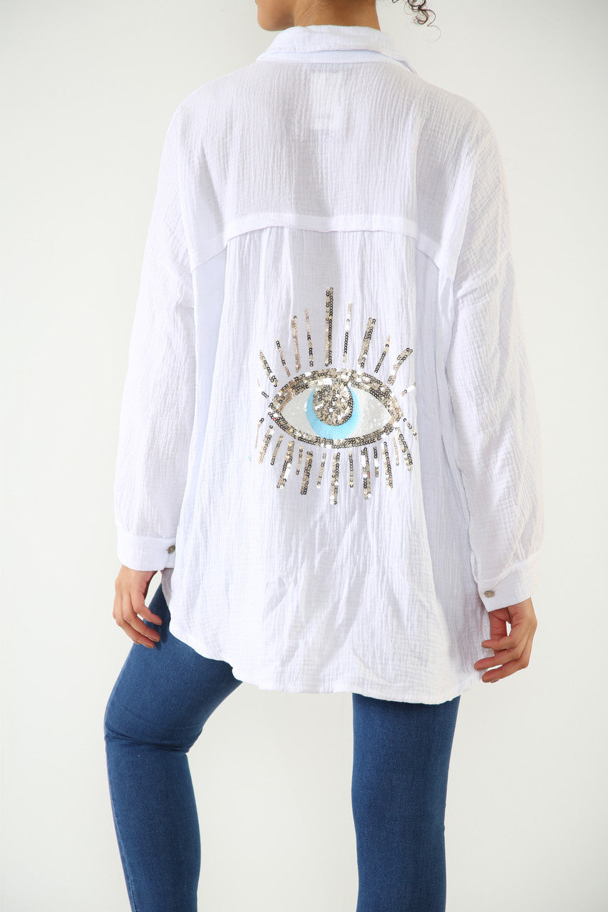 Damesoverhemd met Pailletten Oog Detail op de Rug Wit