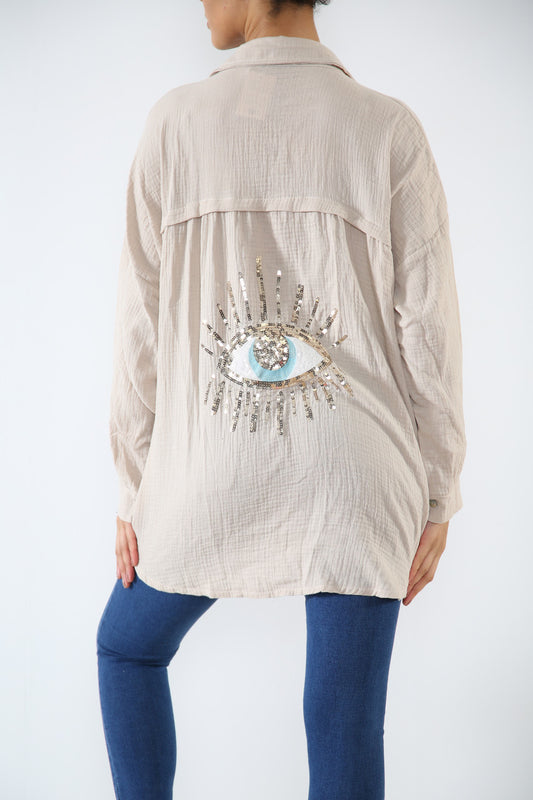 Dames T-shirt met Paillettenoog Achterkant Steen