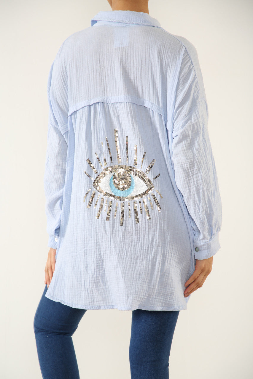 Ladies Shirt With Sequin Eye Back Detail Light Blue