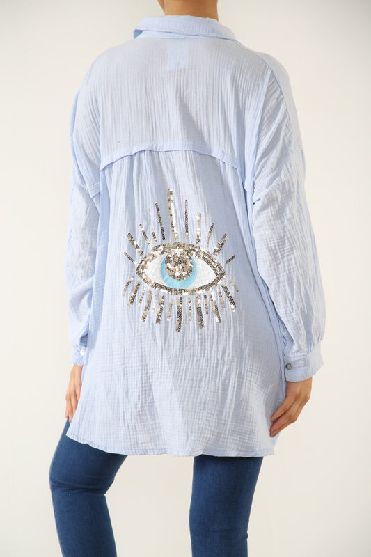 Ladies Shirt With Sequin Eye Back Detail Light Blue
