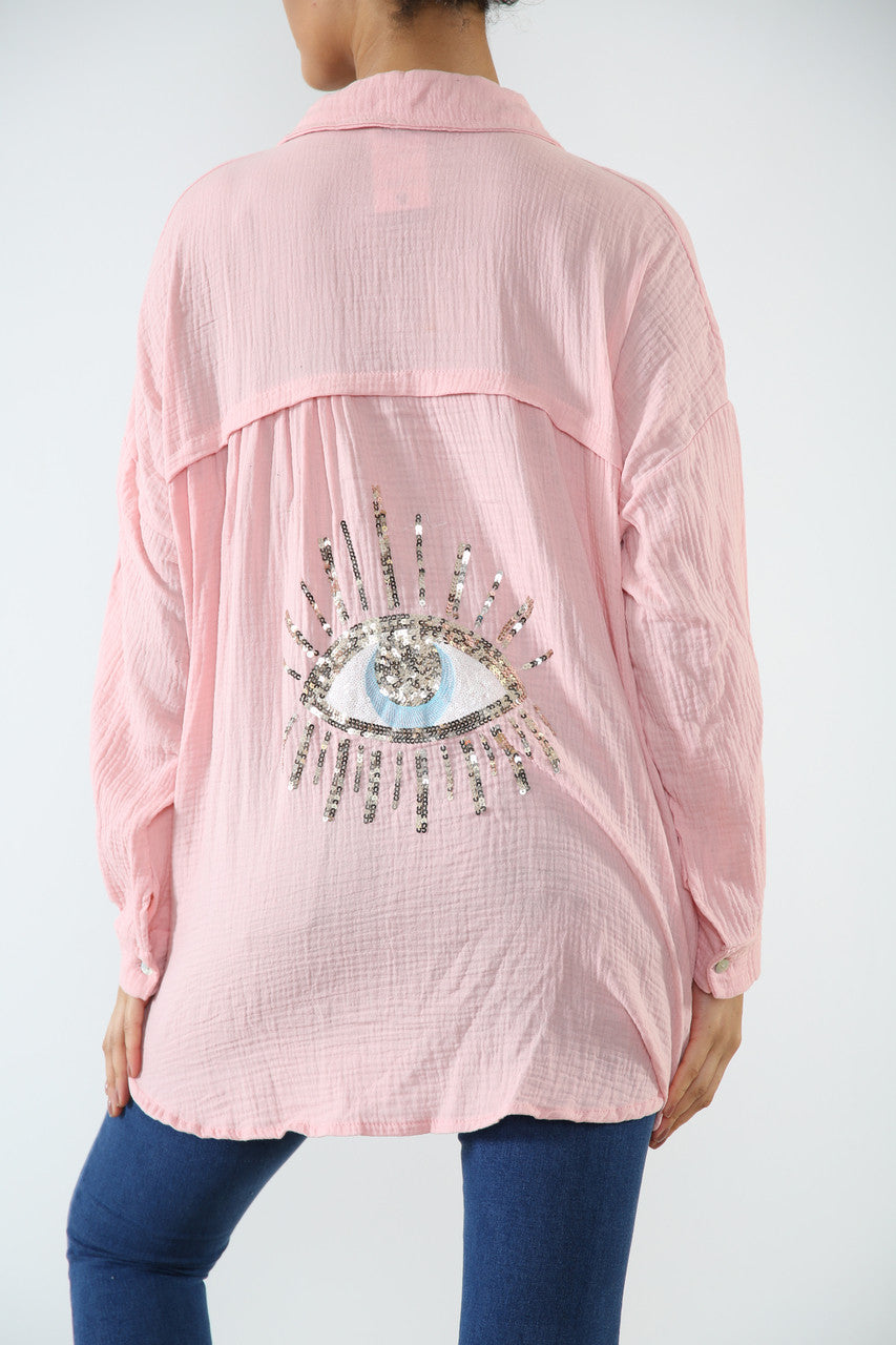 Ladies Shirt With Sequin Eye Back Detail Pink