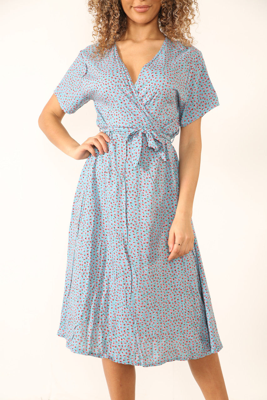 Ladies Elasticated Waist Wrap Style Ditsy Poppy Print Dress Light Blue