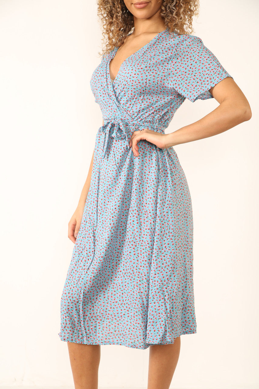 Ladies Elasticated Waist Wrap Style Ditsy Poppy Print Dress Light Blue
