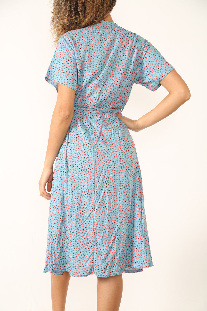 Ladies Elasticated Waist Wrap Style Ditsy Poppy Print Dress Light Blue