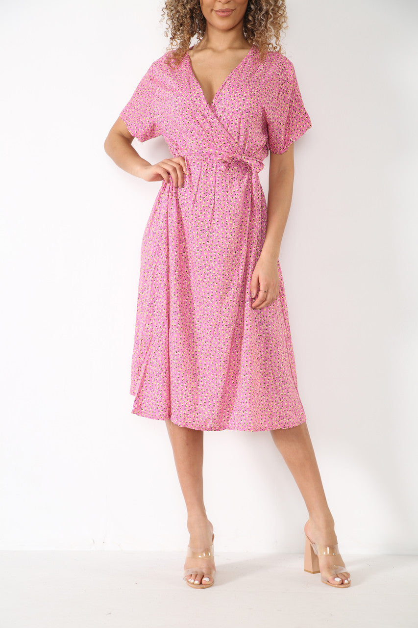 Ladies Elasticated Waist Wrap Style Ditsy Poppy Print Dress Pink