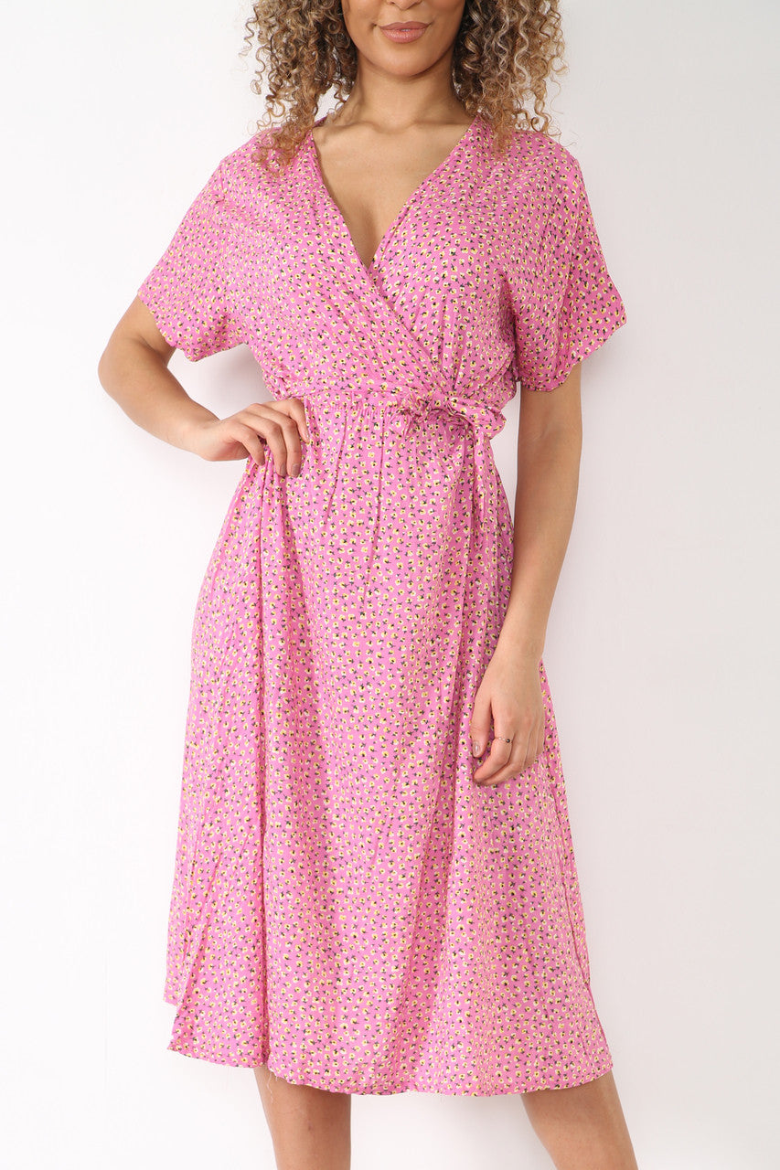 Ladies Elasticated Waist Wrap Style Ditsy Poppy Print Dress Pink