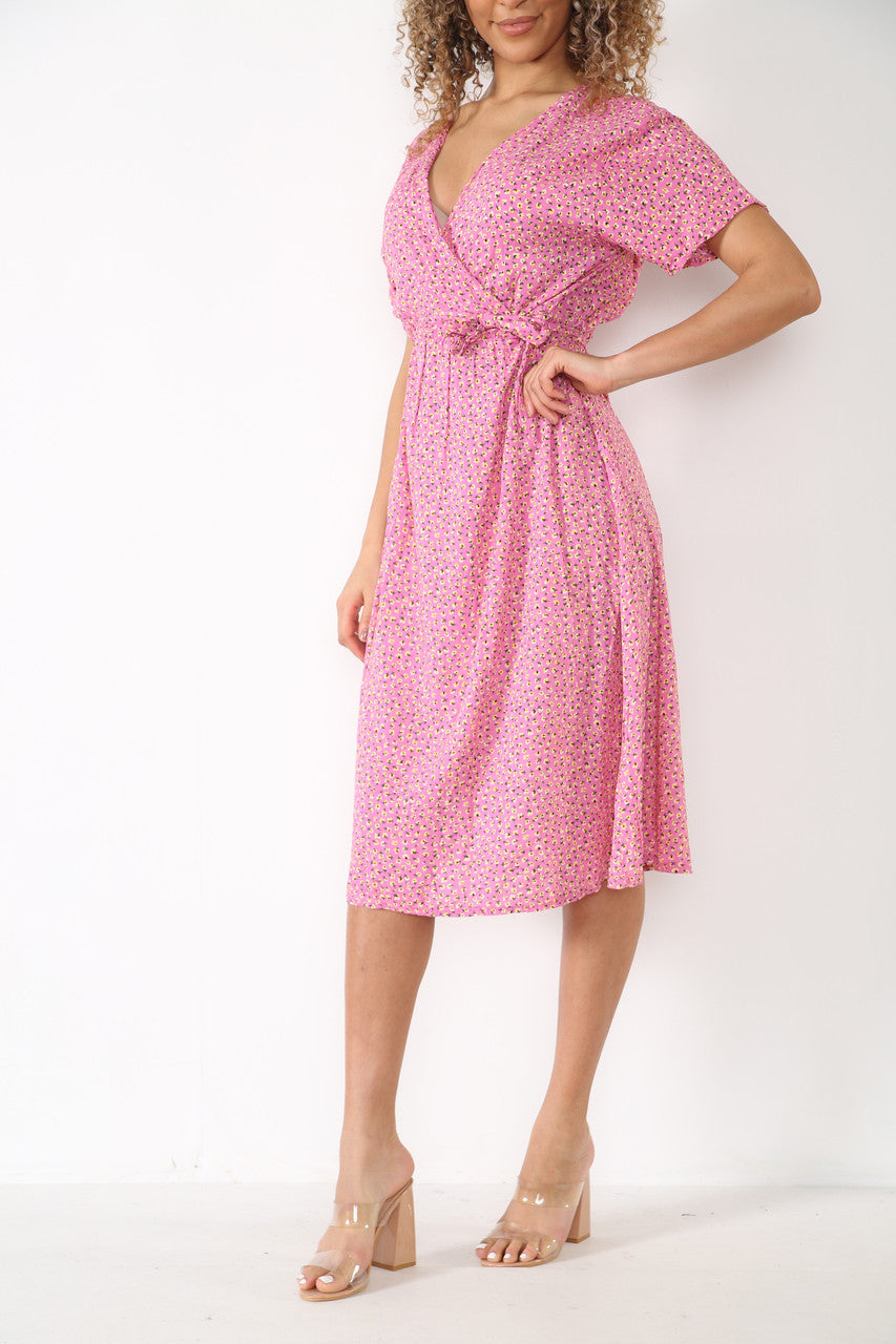 Ladies Elasticated Waist Wrap Style Ditsy Poppy Print Dress Pink