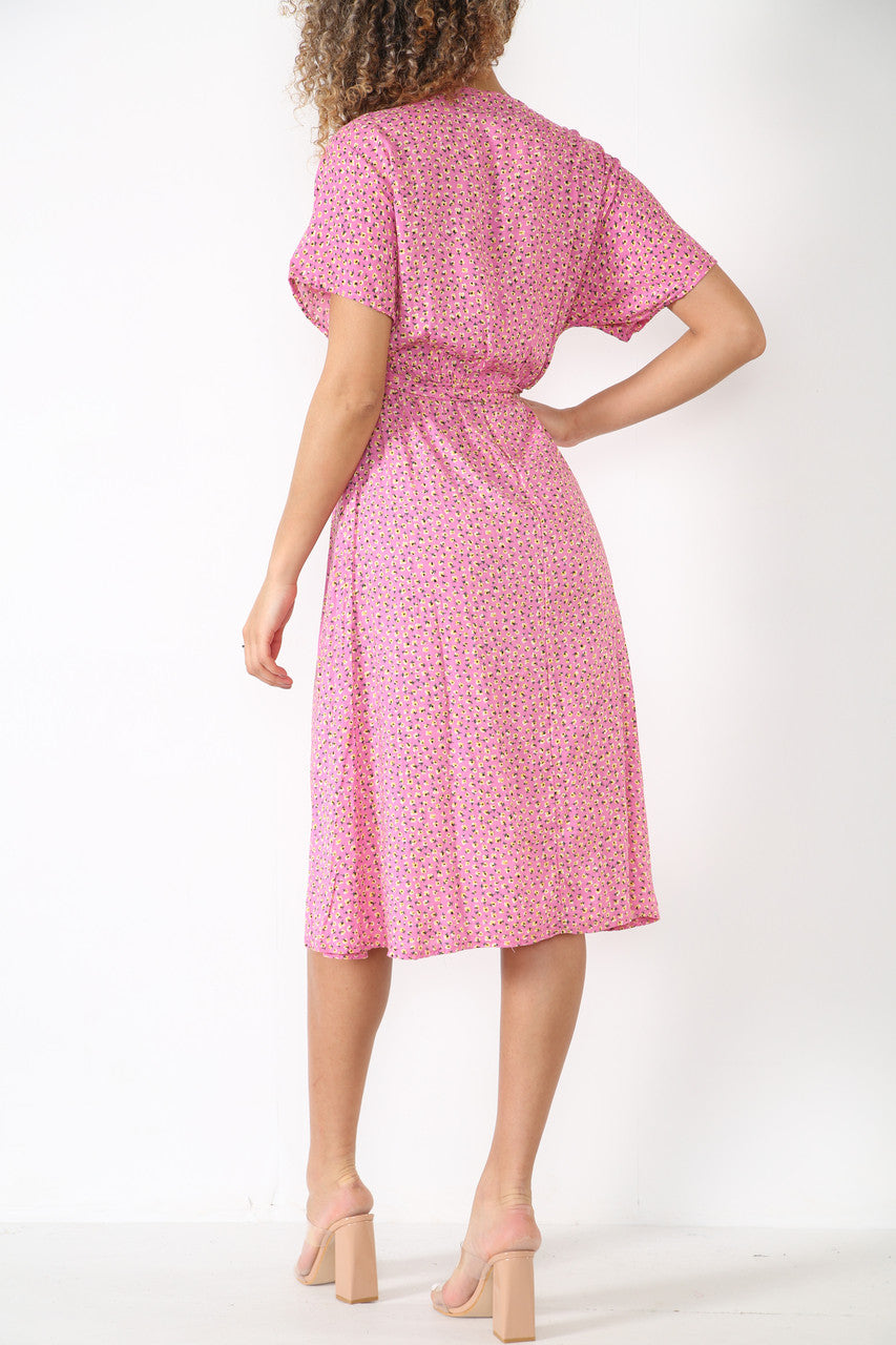 Ladies Elasticated Waist Wrap Style Ditsy Poppy Print Dress Pink