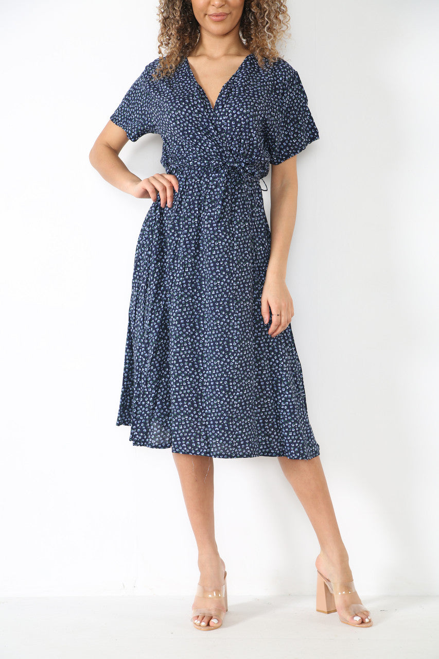 Dames Wikkeljurk met Elastische Tailleband en Bloemmotief (Klaprozen) Marineblauw