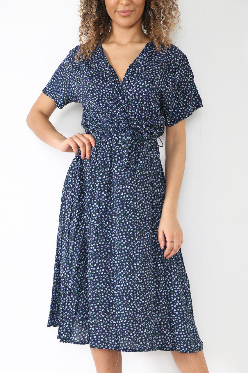 Dames Wikkeljurk met Elastische Tailleband en Bloemmotief (Klaprozen) Marineblauw