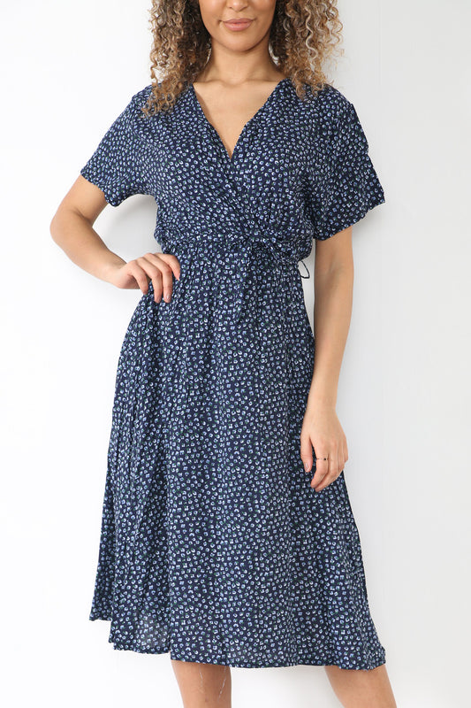 Dames Wikkeljurk met Elastische Tailleband en Bloemmotief (Klaprozen) Marineblauw