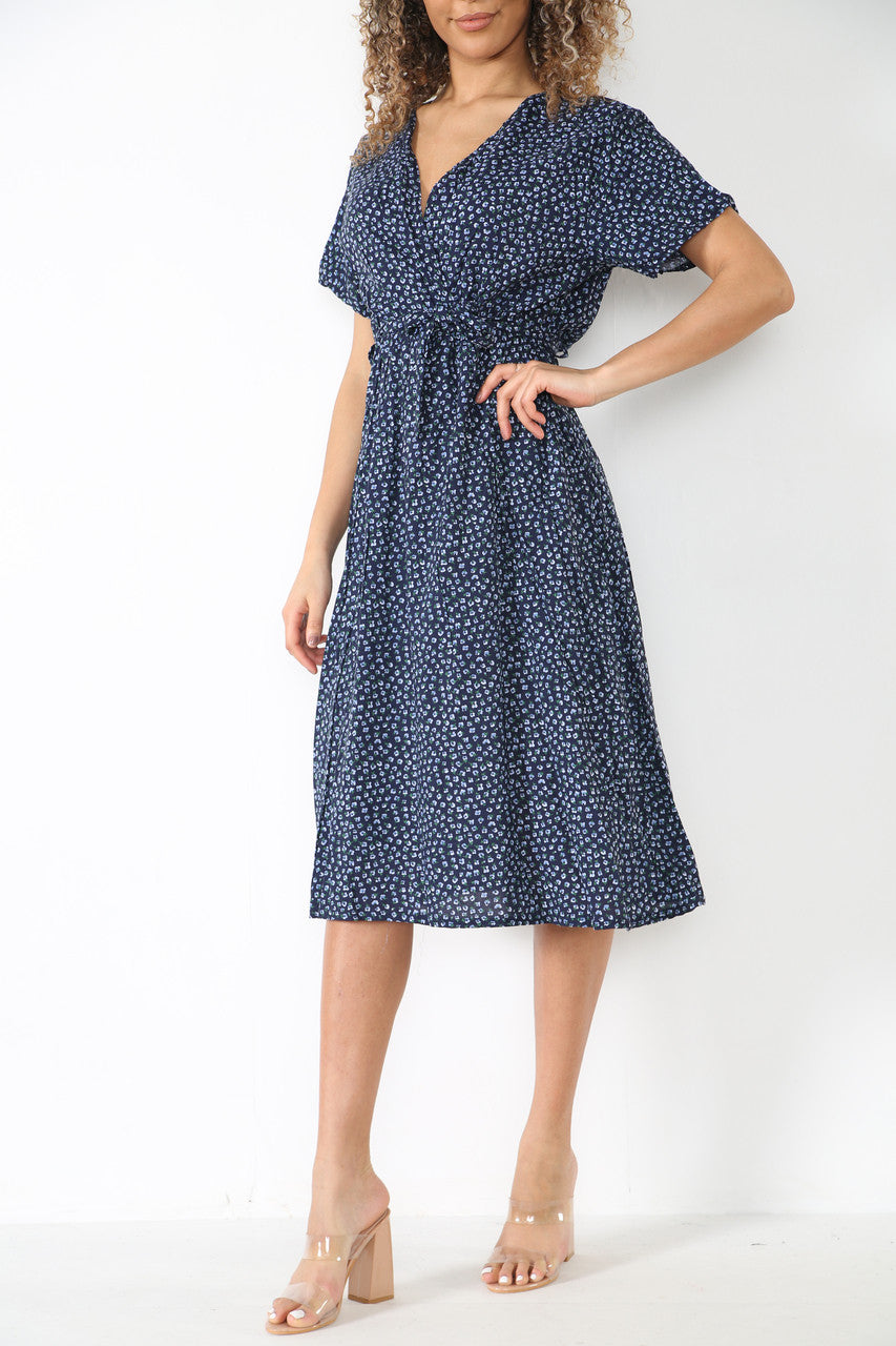Dames Wikkeljurk met Elastische Tailleband en Bloemmotief (Klaprozen) Marineblauw