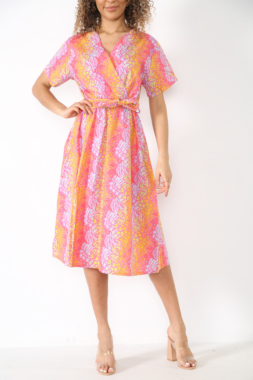 Ladies Elasticated Waist Wrap Style Animal Print Dress Pink