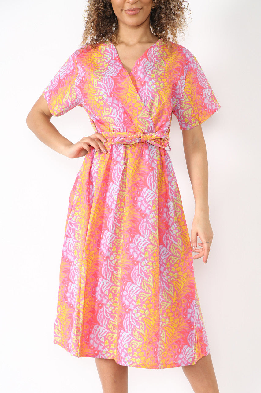 Ladies Elasticated Waist Wrap Style Animal Print Dress Pink