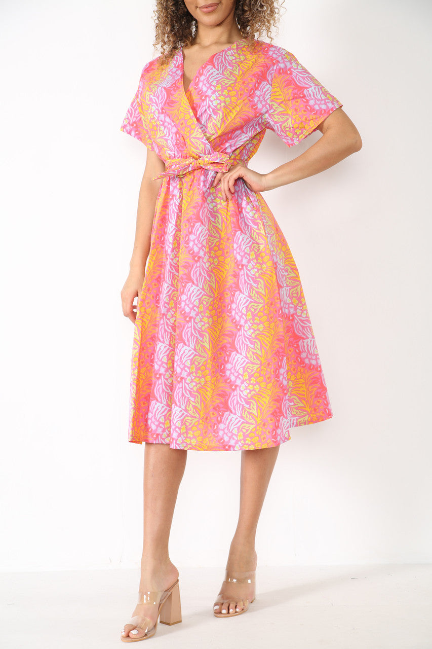 Ladies Elasticated Waist Wrap Style Animal Print Dress Pink