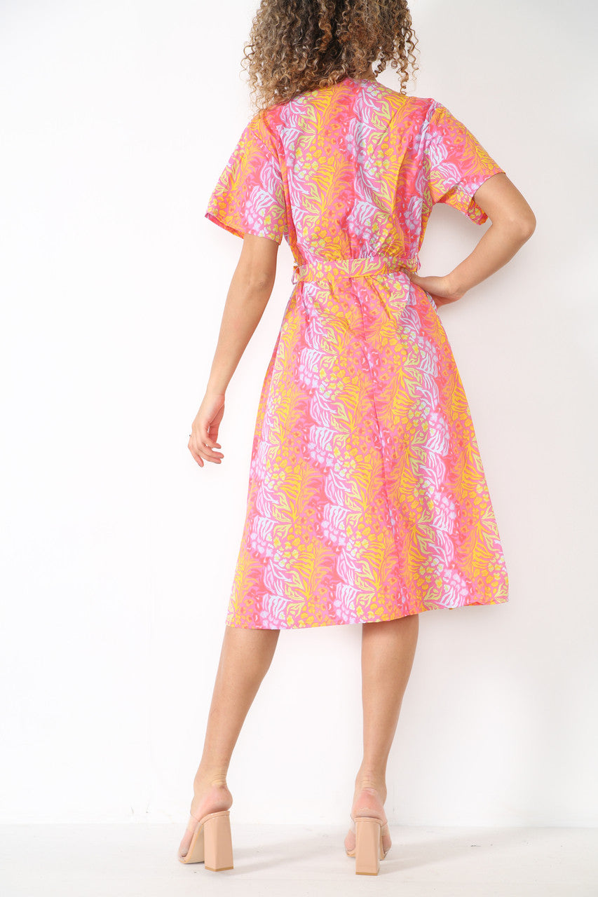 Ladies Elasticated Waist Wrap Style Animal Print Dress Pink