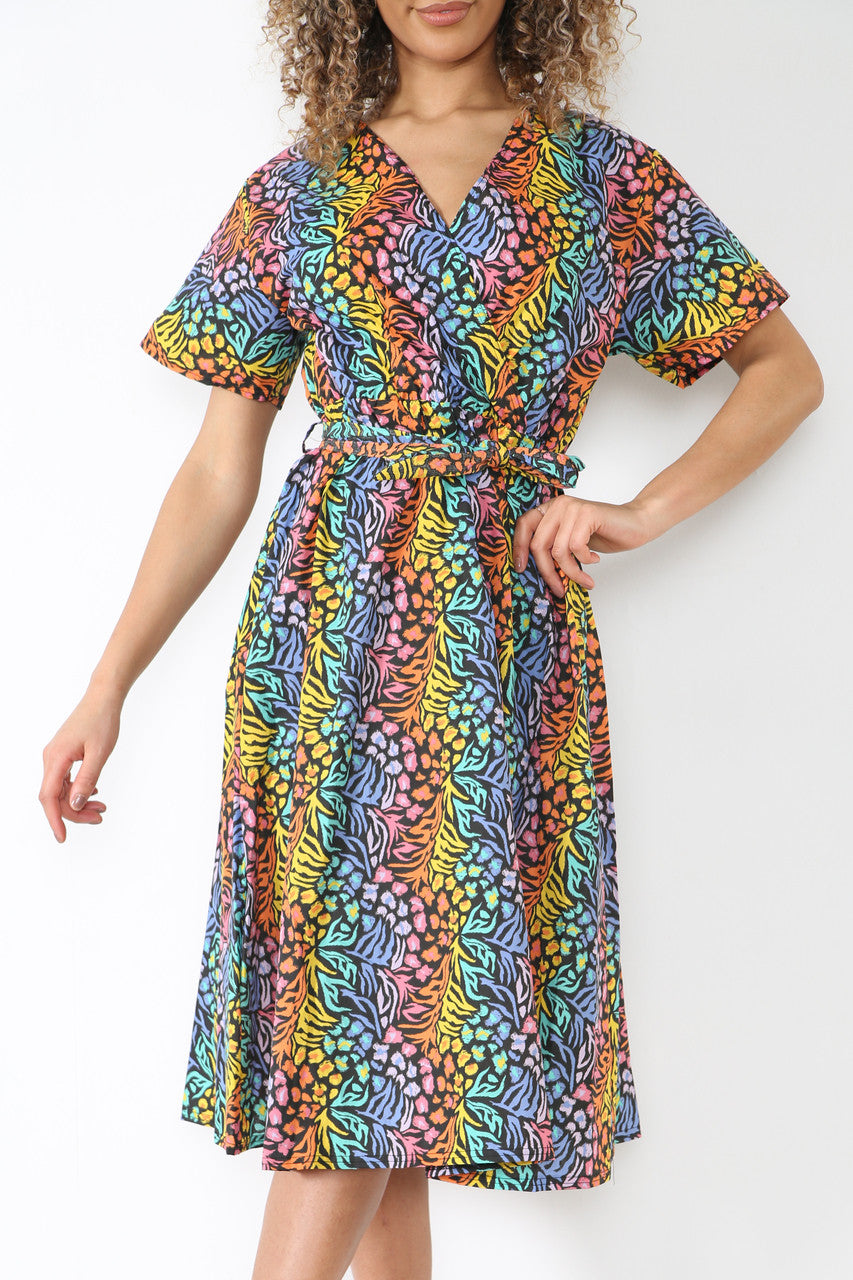 Ladies Elasticated Waist Wrap Style Animal Print Dress Black
