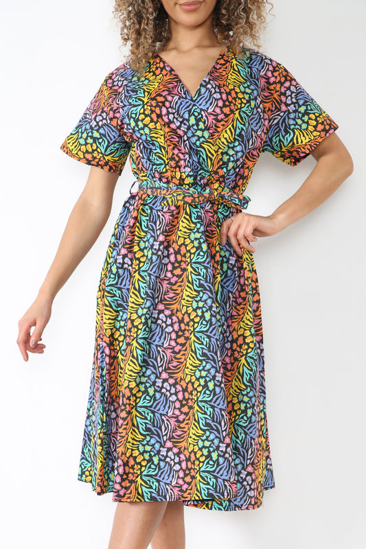 Ladies Elasticated Waist Wrap Style Animal Print Dress Black