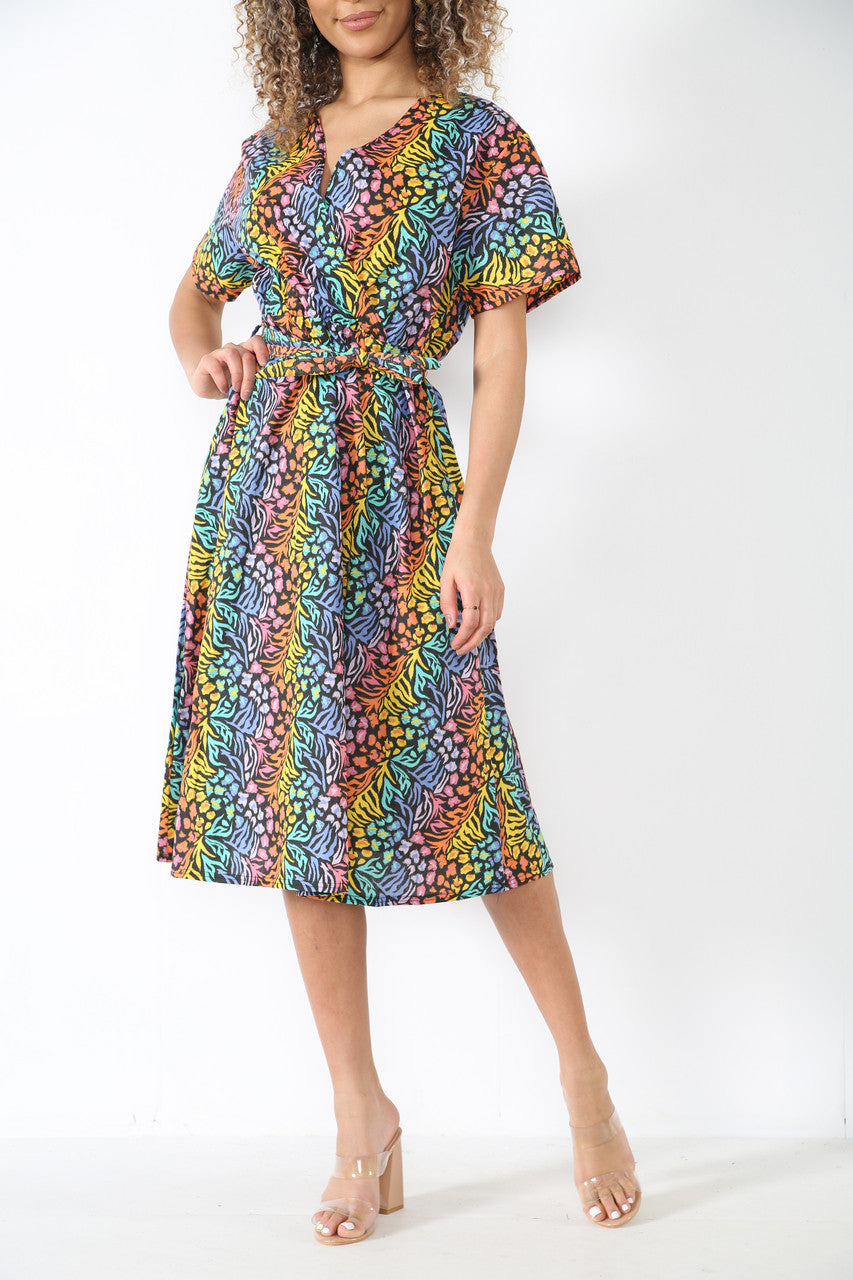Ladies Elasticated Waist Wrap Style Animal Print Dress Black