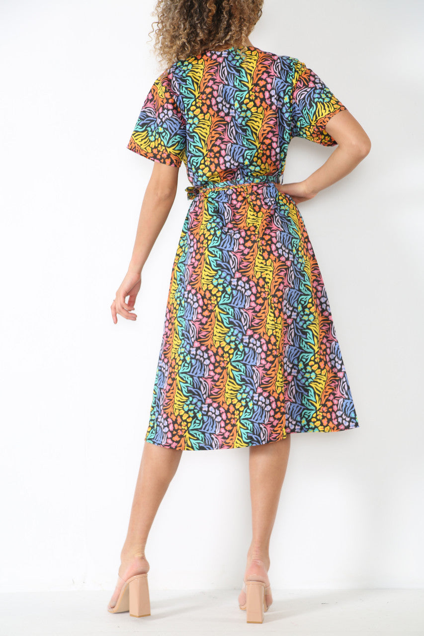 Ladies Elasticated Waist Wrap Style Animal Print Dress Black