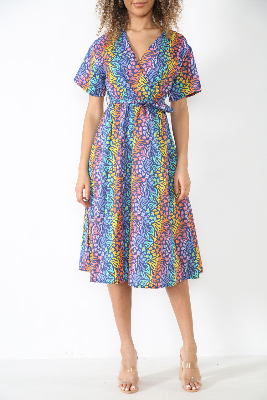 Ladies Elasticated Waist Wrap Style Animal Print Dress Navy