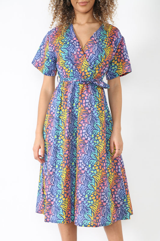 Ladies Elasticated Waist Wrap Style Animal Print Dress Navy