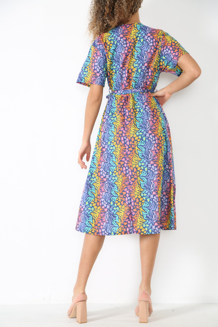 Ladies Elasticated Waist Wrap Style Animal Print Dress Navy