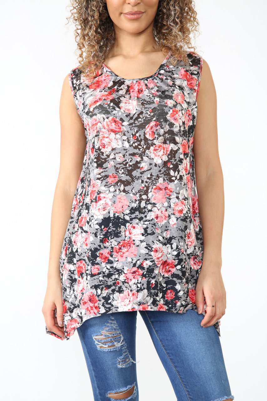 Ladies Floral Burnout Print Sleeveless Top Black