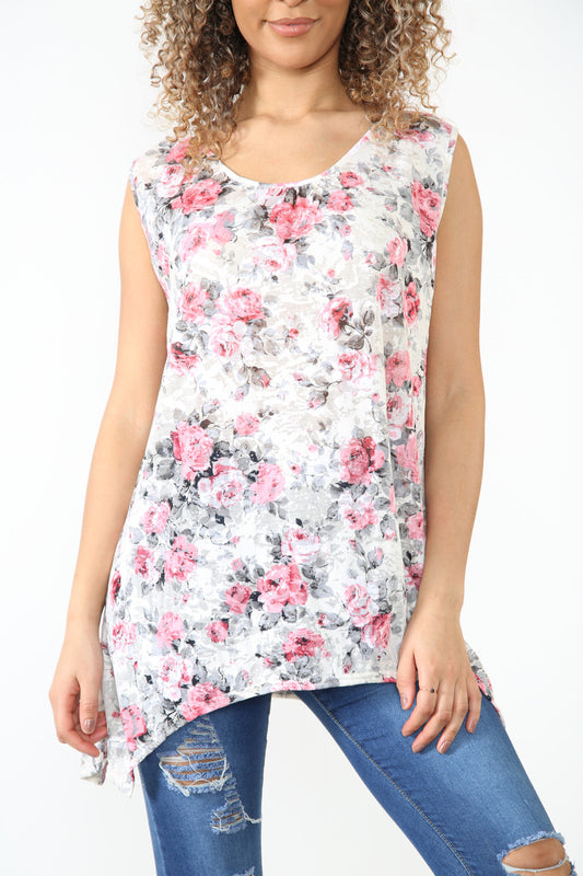 Dames mouwloze top met bloemen burnout-print wit
