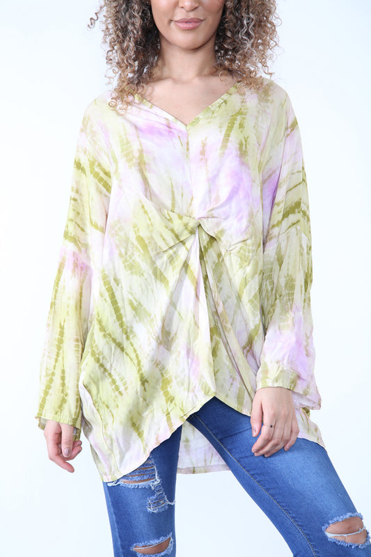 Ladies Gather Front Tie Dye Print Top Lime