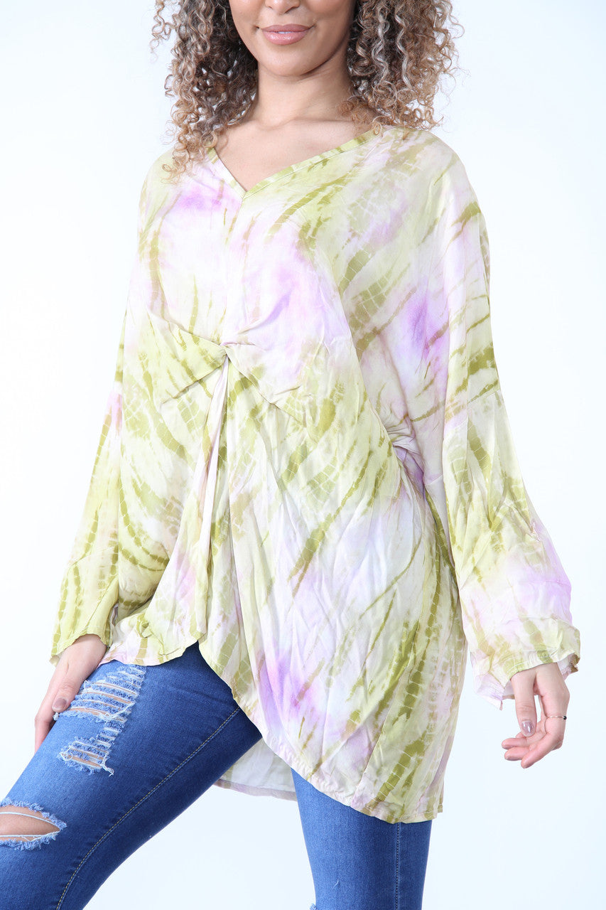 Ladies Gather Front Tie Dye Print Top Lime