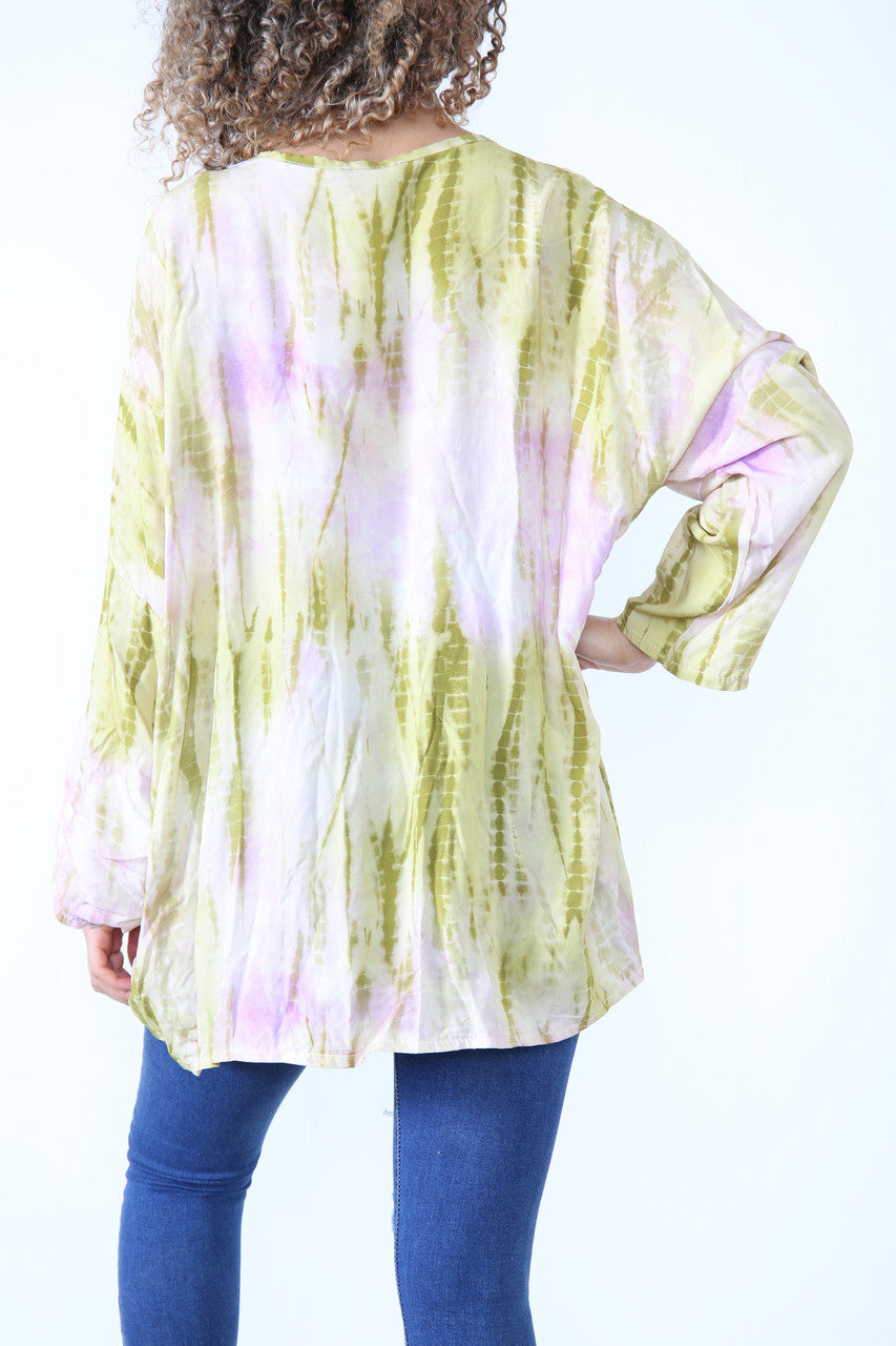 Ladies Gather Front Tie Dye Print Top Lime