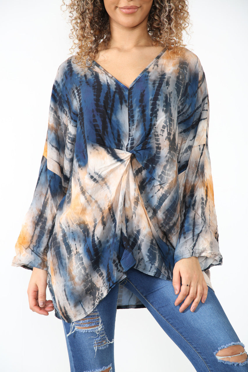 Ladies Gather Front Tie Dye Print Top Blue