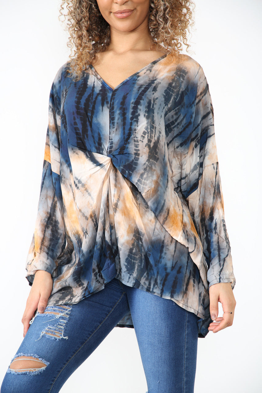 Ladies Gather Front Tie Dye Print Top Blue