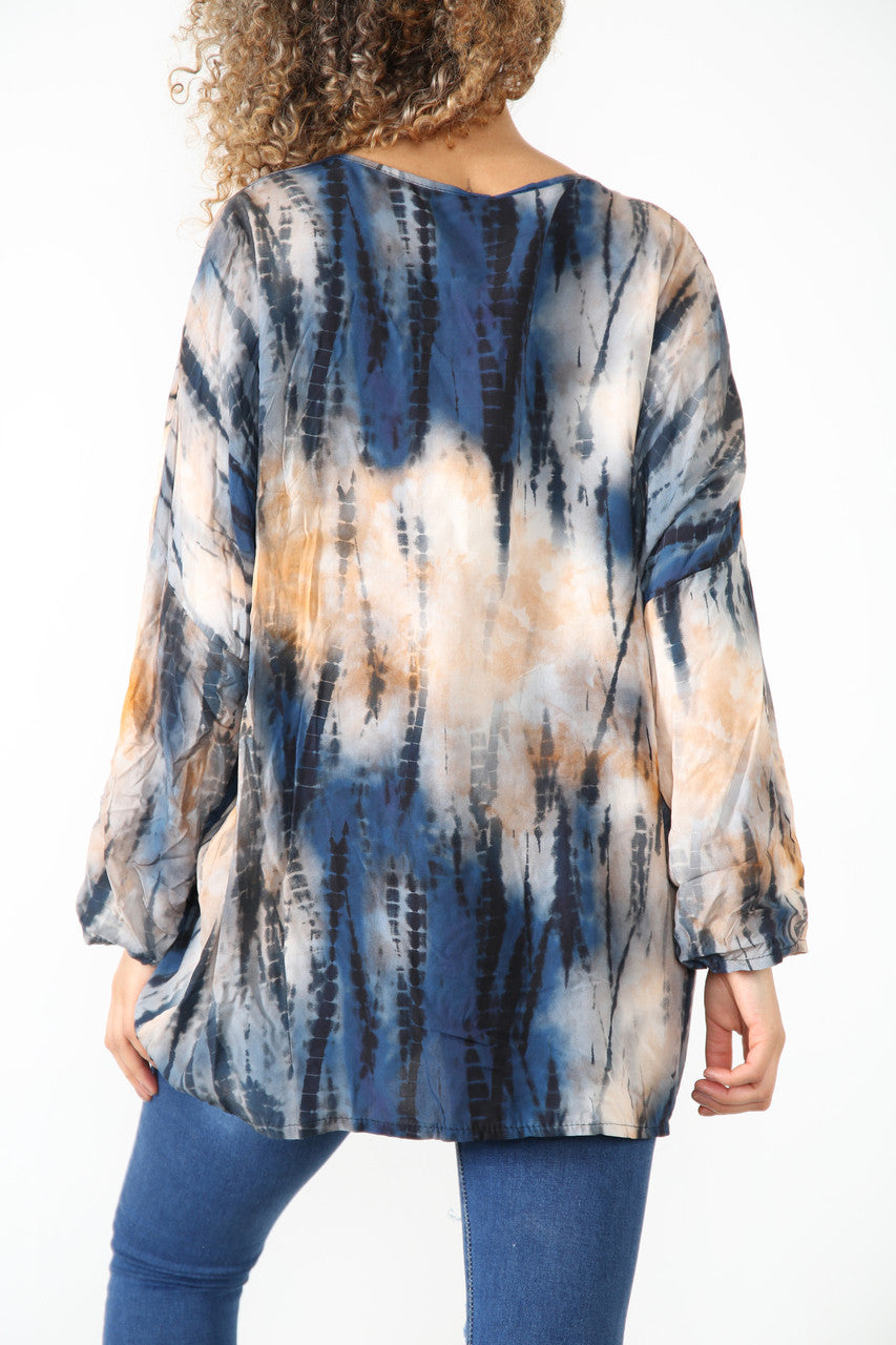 Ladies Gather Front Tie Dye Print Top Blue
