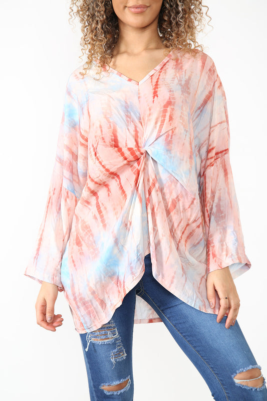 Ladies Gather Front Tie Dye Print Top Pink