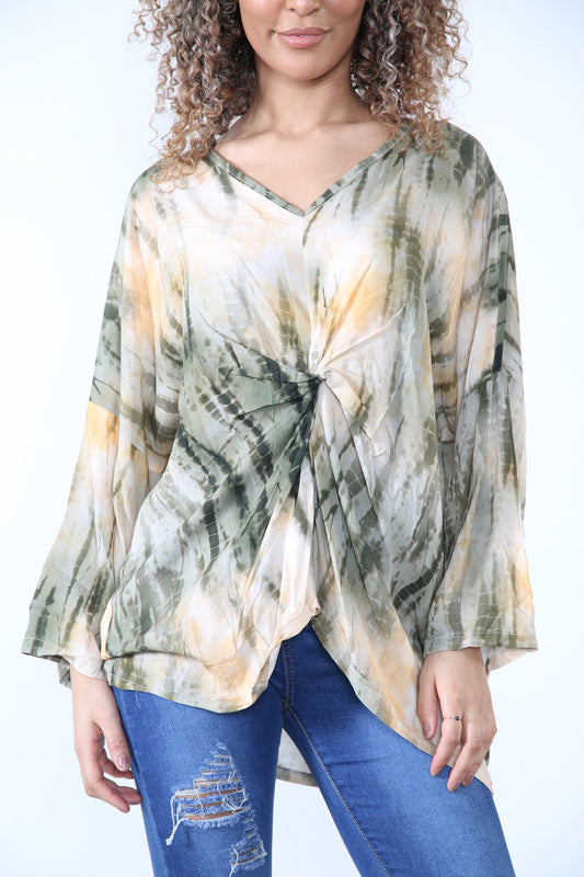 Ladies Gather Front Tie Dye Print Top Khaki