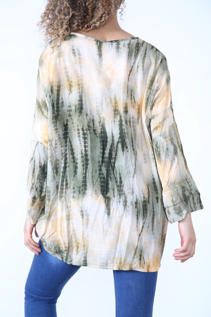 Dames Top Met Strik En Tie-Dye Print Kakikleurig