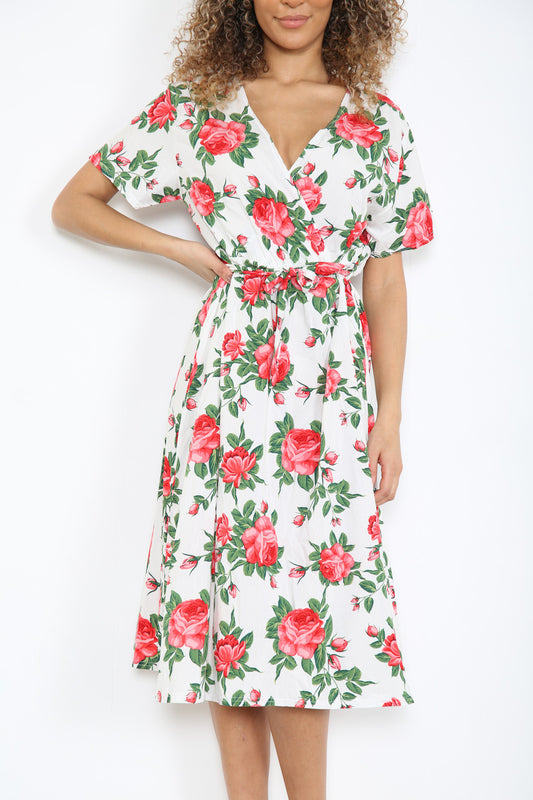 Dames Wikkeljurk met Rozenprint en Elastische Taille Wit