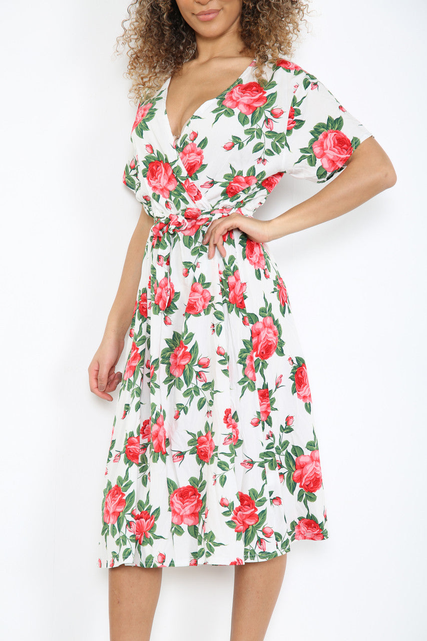 Ladies Elasticated Waist Wrap Style Rose Print Dress White