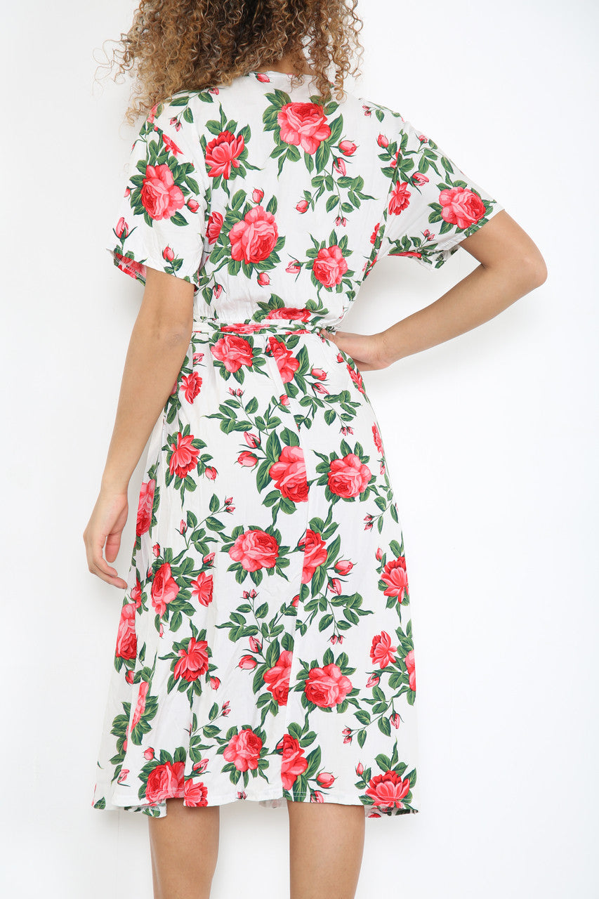 Ladies Elasticated Waist Wrap Style Rose Print Dress White