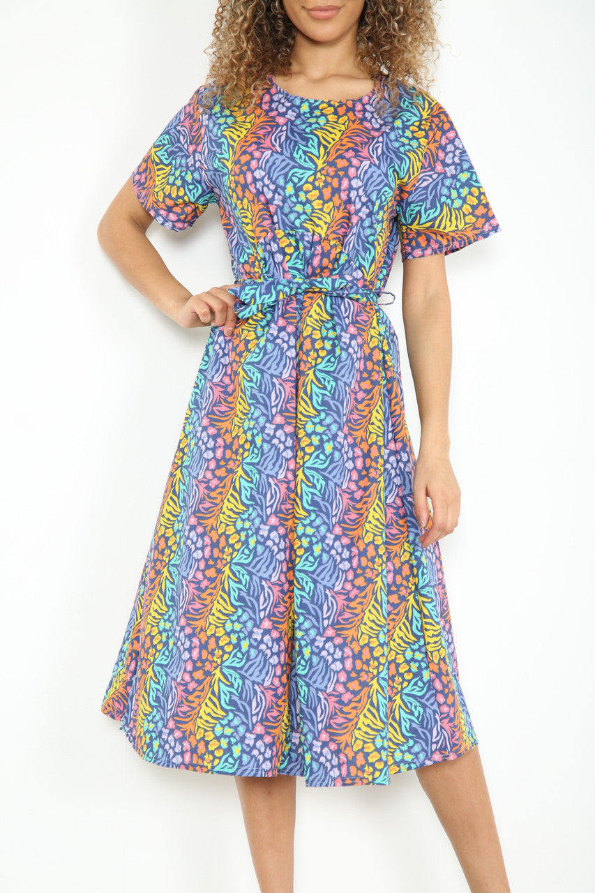Ladies Elasticated Waist Animal Print Dress Navy