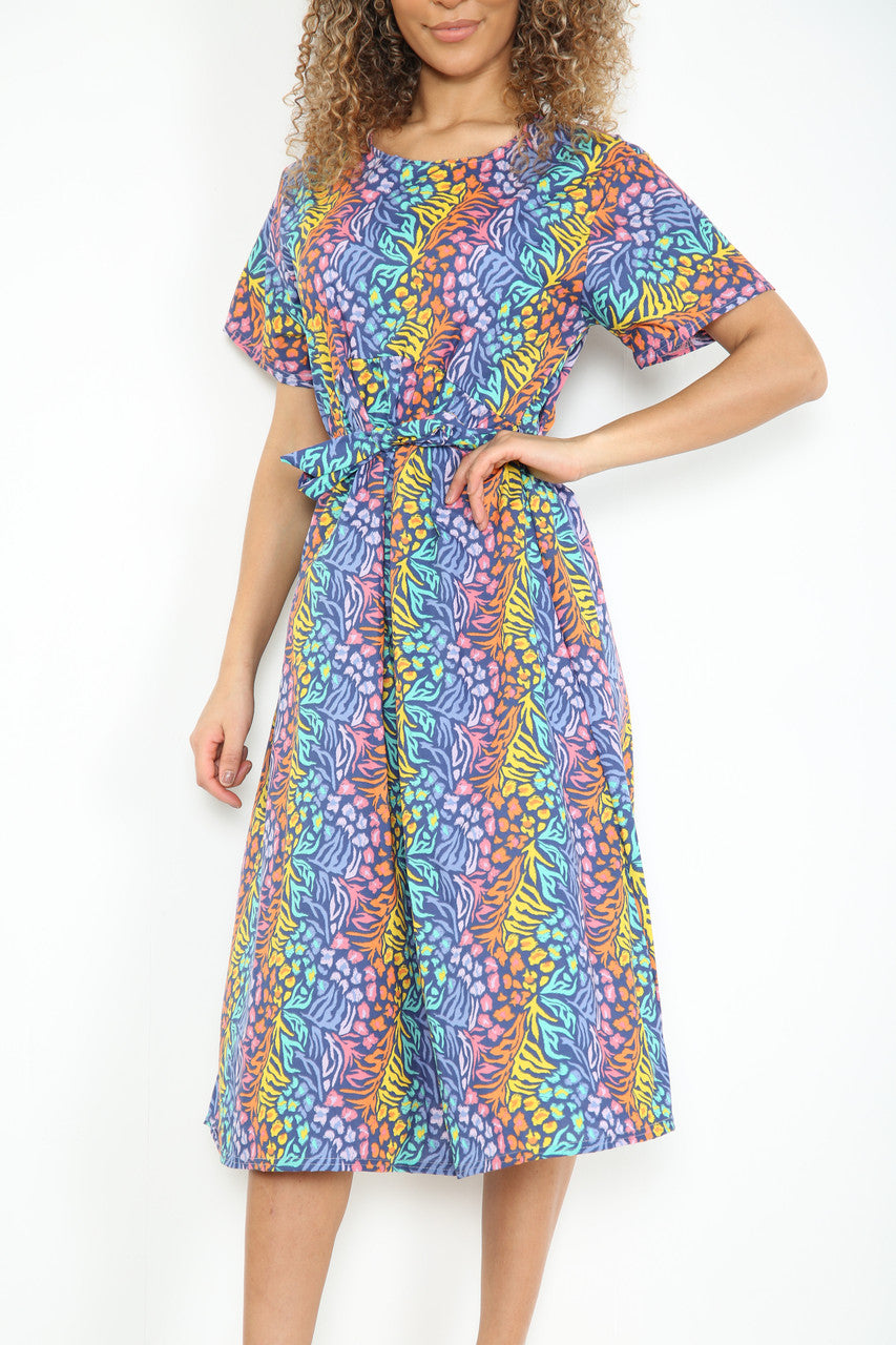 Ladies Elasticated Waist Animal Print Dress Navy